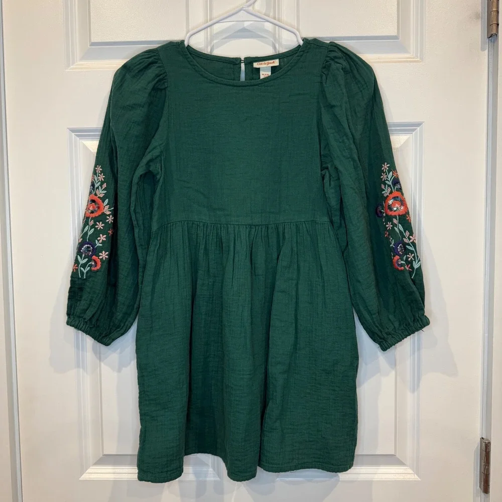 Cat & Jack Girls Green Floral Embroidered Long Sleeve Dress Size M‎ 7/8